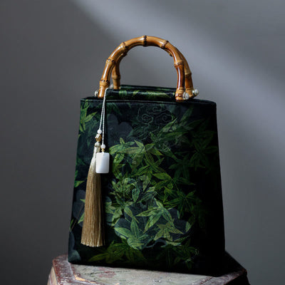Buddha Stones Bamboo Leaves Butterfly Koi Fish Bamboo Handles Handbag Handbags BS Forest Bamboo Leaves 23*25*8.5cm