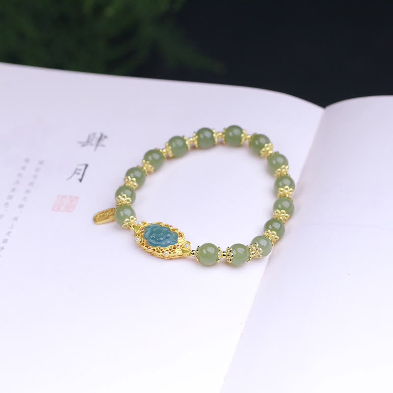 14K Gold Plated 925 Sterling Silver Hetian Jade Lotus Luck Bracelet Bracelet BS 4