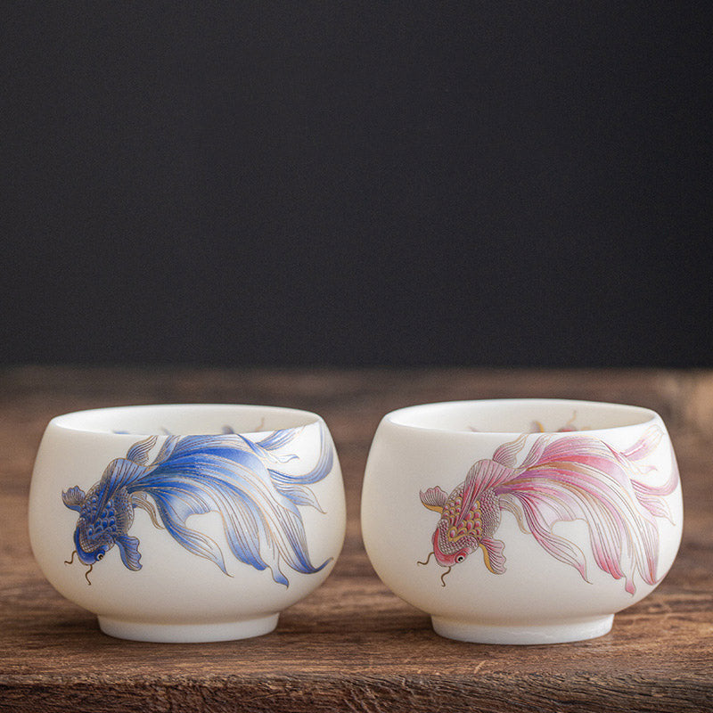 Buddha Stones Koi Fish White Porcelain Ceramic Teacup Kung Fu Tea Cup Cup BS 22