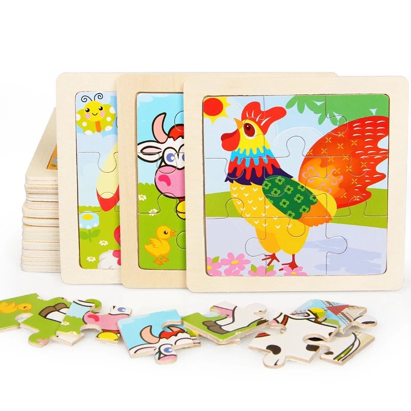 Fidtoy Wooden Puzzle Set for Toddlers – 10 Pack Montessori Animal & Vehicle Learning Puzzles