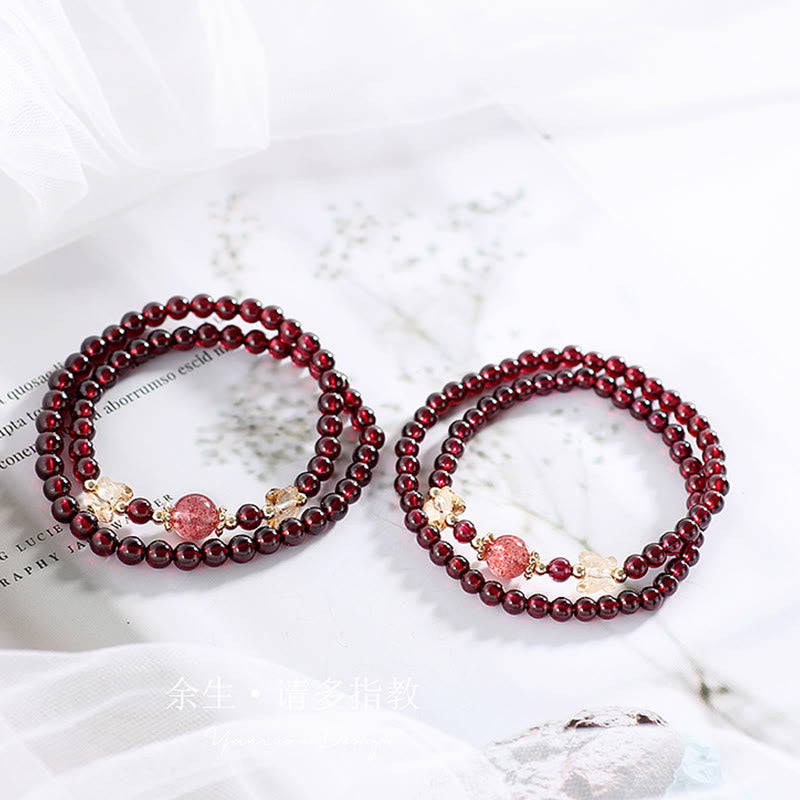 Buddha Stones 14K Gold Plated Natural Garnet Strawberry Quartz Butterfly Protection Double Wrap Bracelet Bracelet BS 1