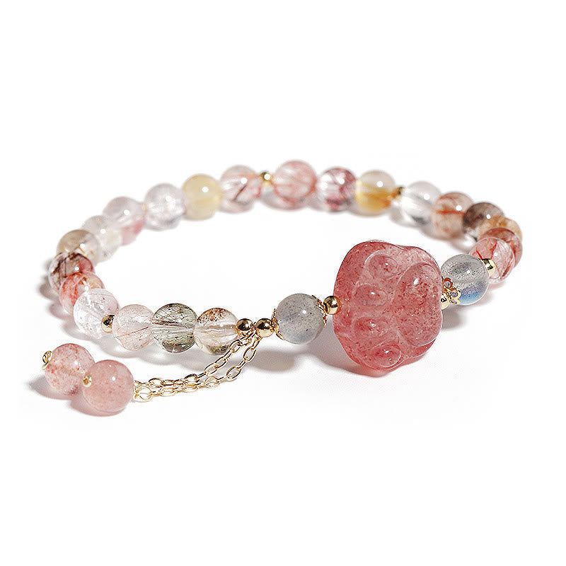 Buddha Stones Natural Strawberry Quartz Cat Paw Claw Colorful Rutilated Quartz Moonstone Love Bracelet Bracelet BS Strawberry Quartz&Colorful Rutilated Quartz