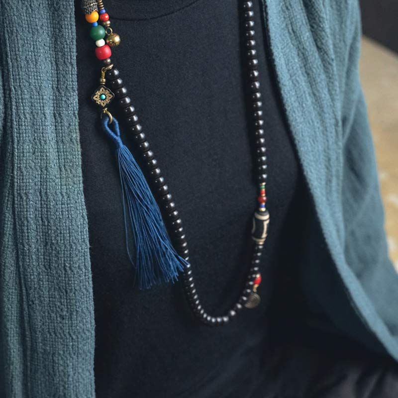 Buddha Stones 108 Beads Mala Ebony Wood Dzi Bead Copper Balance Tassel Bracelet - image 5