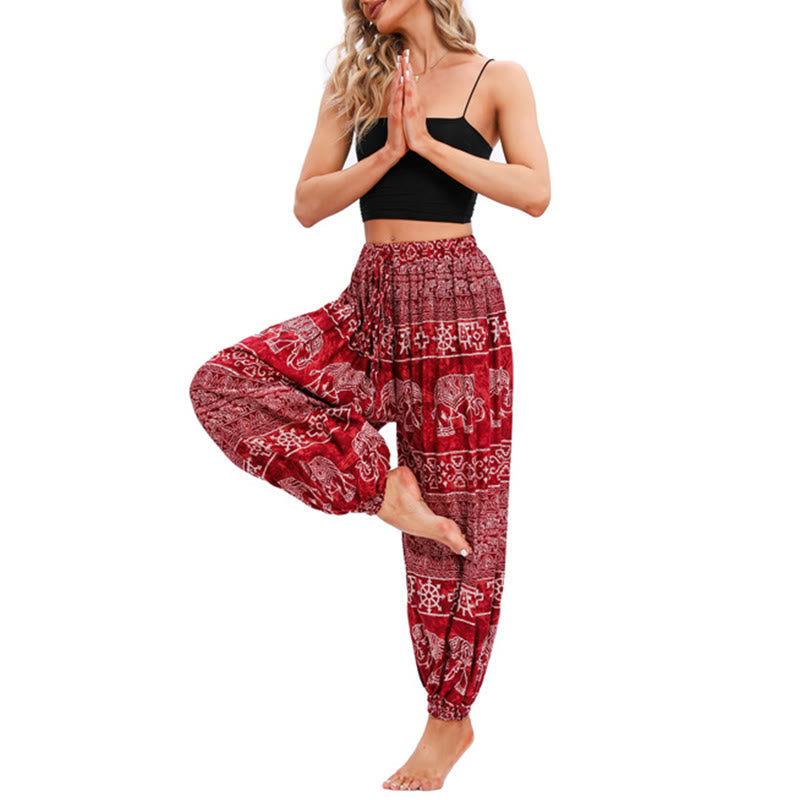 Buddha Stones Elephant Geometry Pattern Casual Loose Harem Trousers Women's Yoga Pants Women's Harem Pants BS 5