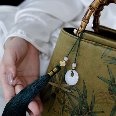 Buddha Stones Yellow Green Bamboo Leaves Bamboo Handles Handbag Handbags BS 4