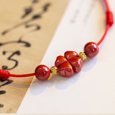 Buddha Stones Four Leaf Clover Cinnabar Blessing Calm String Bracelet Anklet Bracelet BS 6