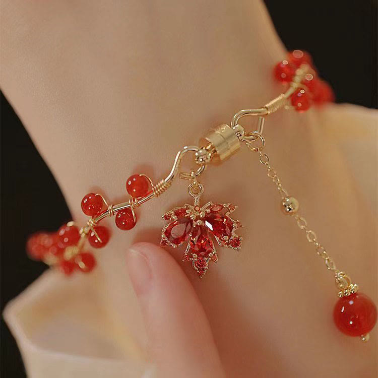Buddha Stones Red Maple Leaf Luck Charm Bracelet Bracelet BS 10