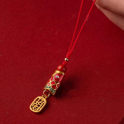 Buddha Stones Koi Fish Cinnabar Attracting Wealth Wish Ruyi Charm Luck Phone Hanging Decoration Phone Hanging Decoration BS 7