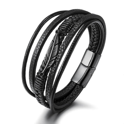 Buddha Stones Feather Pattern Multilayer Leather Titanium Steel Calm Braided Magnetic Buckle Bracelet Bracelet BS Black 21.5cm