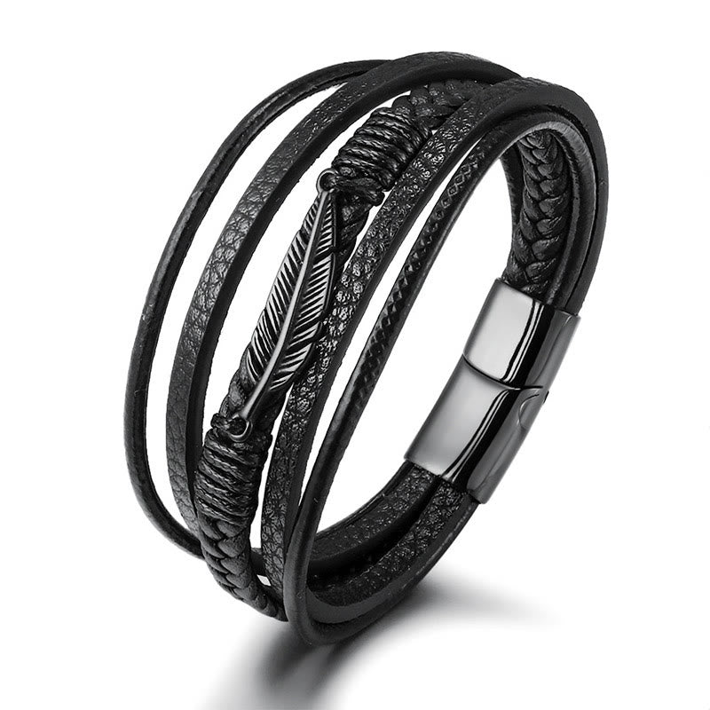 Buddha Stones Feather Pattern Multilayer Leather Titanium Steel Calm Braided Magnetic Buckle Bracelet Bracelet BS Black 21.5cm
