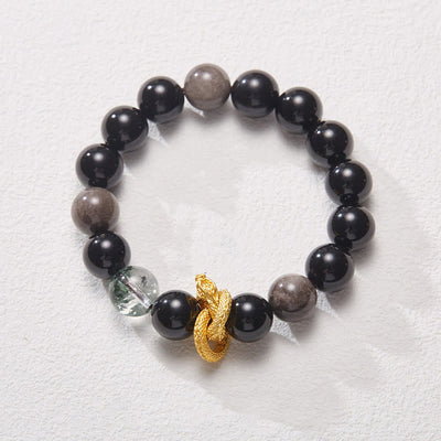 Buddha Stones Natural Silver Sheen Obsidian Dragon Green Phantom Protection Bracelet Bracelet BS 2
