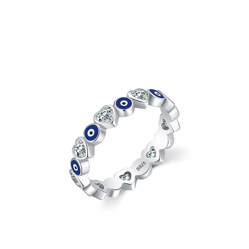 Buddha Stones 925 Sterling Silver Evil Eye Love Heart Zircon Blessing Ring Ring BS 4