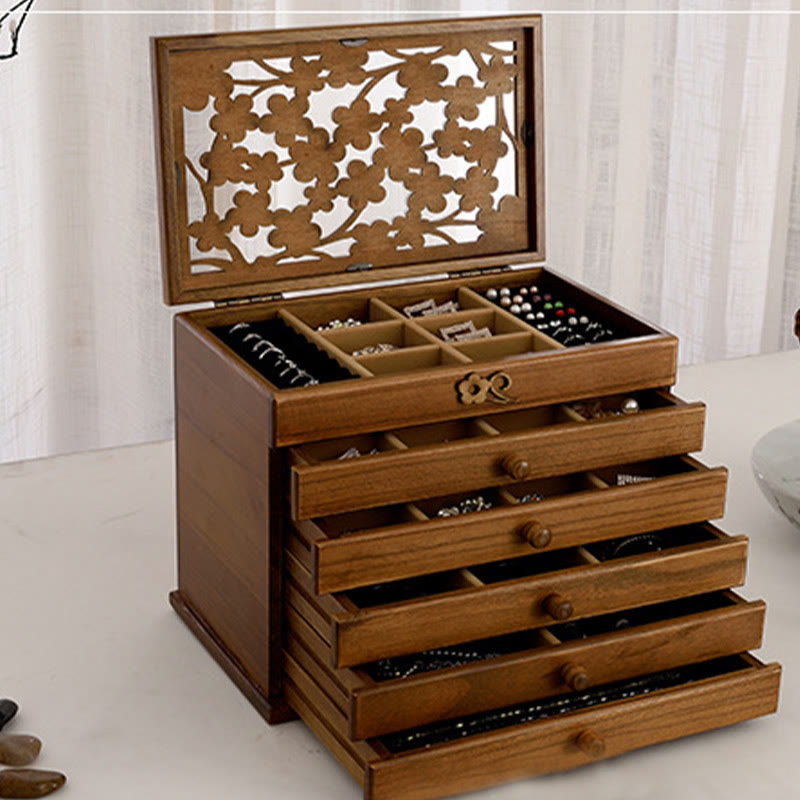 Buddha Stones Vintage Plum Blossom Carved Wooden Jewelry Box Six-Layer Jewelry Storage Box Jewelry Box BS 20