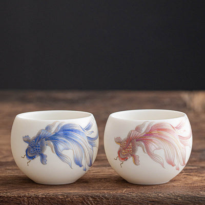 Buddha Stones Koi Fish White Porcelain Ceramic Teacup Kung Fu Tea Cup Cup BS 20