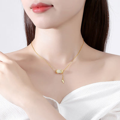 Buddha Stones 925 Sterling Silver 22K Gold Hetian White Jade Bamboo Leaf Luck Necklace Pendant Bracelet Bracelet Necklaces & Pendants BS 3