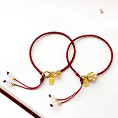 Buddha Stones Handmade Peach Blossom Rosette Bow Knot Fu Character Charm Luck Fortune Red Rope Bracelet Bracelet BS main