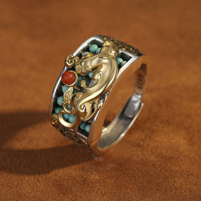Buddha Stones 925 Sterling Silver Turquoise Red Agate PiXiu Abacus Protection Ring Ring BS 8