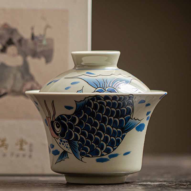 Buddha Stones Koi Fish Arowana Ceramic Gaiwan Sancai Teacup Kung Fu Tea Cup With Lid 130ml Cup BS 30