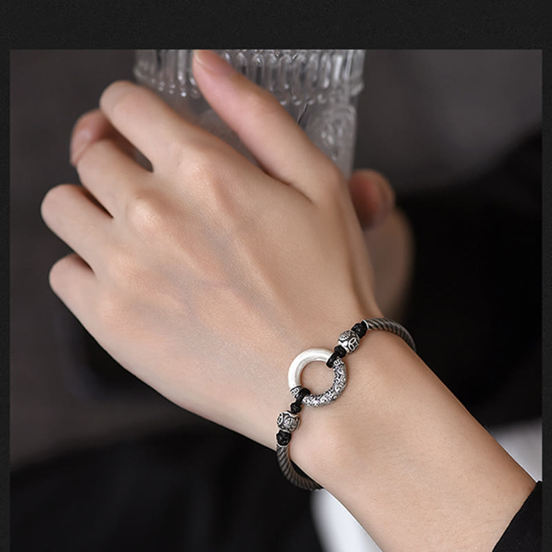 Buddha Stones 999 Sterling Silver Fu Character Peace Buckle Copper Coin Auspicious Clouds Fortune Bracelet Bracelet BS 13