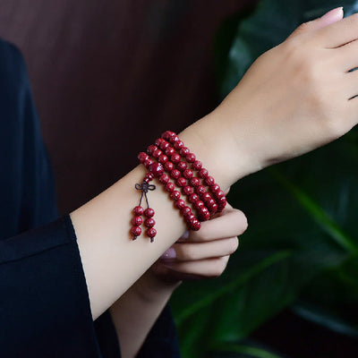 Buddha Stones 108 Mala Beads Cinnabar Om Mani Padme Hum Pattern Engraved Blessing Bracelet Mala Bracelet BS 10