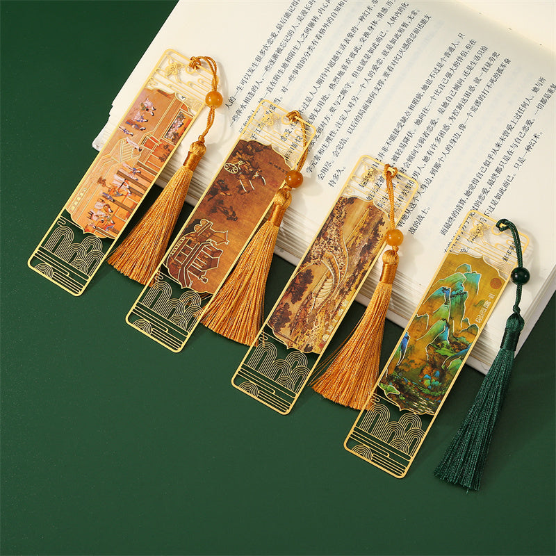 Buddha Stones A Panorama of Rivers and Mountains Metal Hollow Bookmarks Tassel With Gift Box Bookmarks BS 13