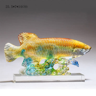Buddha Stones Handmade Liuli Crystal Koi Fish Art Piece Luck Home Office Decoration Decorations BS Medium Colorful&Base