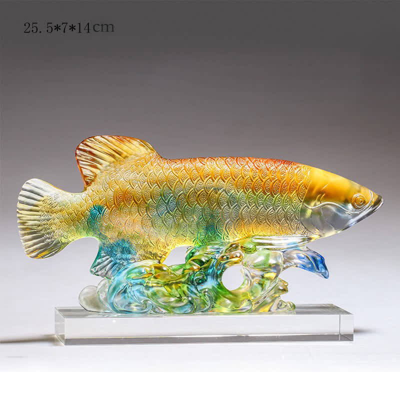 Buddha Stones Handmade Liuli Crystal Koi Fish Art Piece Luck Home Office Decoration Decorations BS Medium Colorful&Base