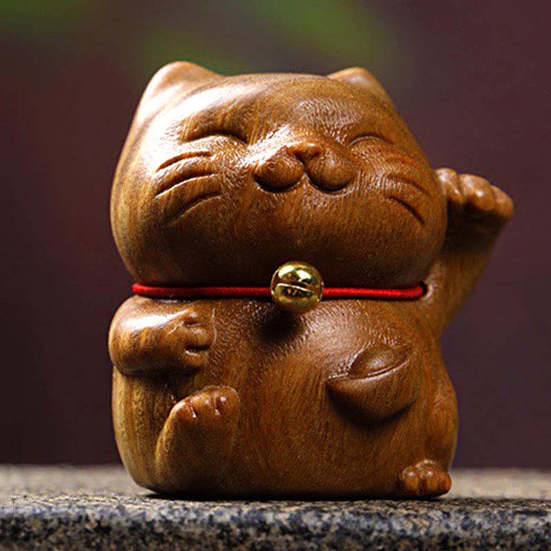 Buddha Stones Green Sandalwood Small Mini Cute Lucky Cat Peace Decorations Decorations BS 2