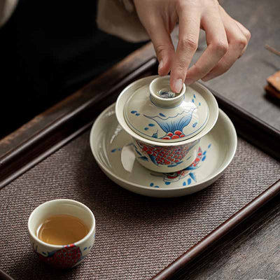 Buddha Stones Koi Fish Arowana Ceramic Gaiwan Sancai Teacup Kung Fu Tea Cup With Lid 130ml Cup BS 14