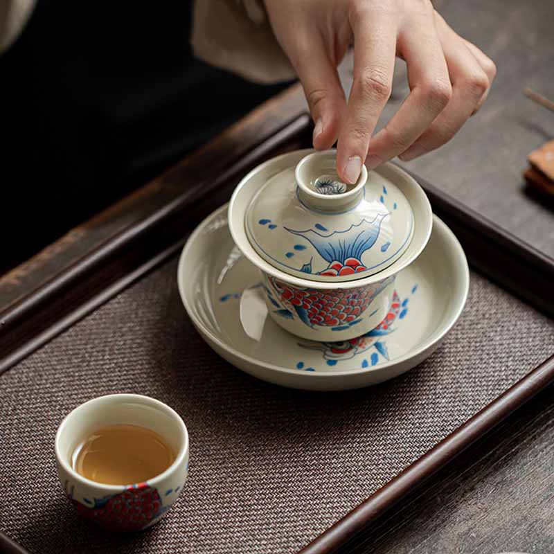 Buddha Stones Koi Fish Arowana Ceramic Gaiwan Sancai Teacup Kung Fu Tea Cup With Lid 130ml Cup BS 14