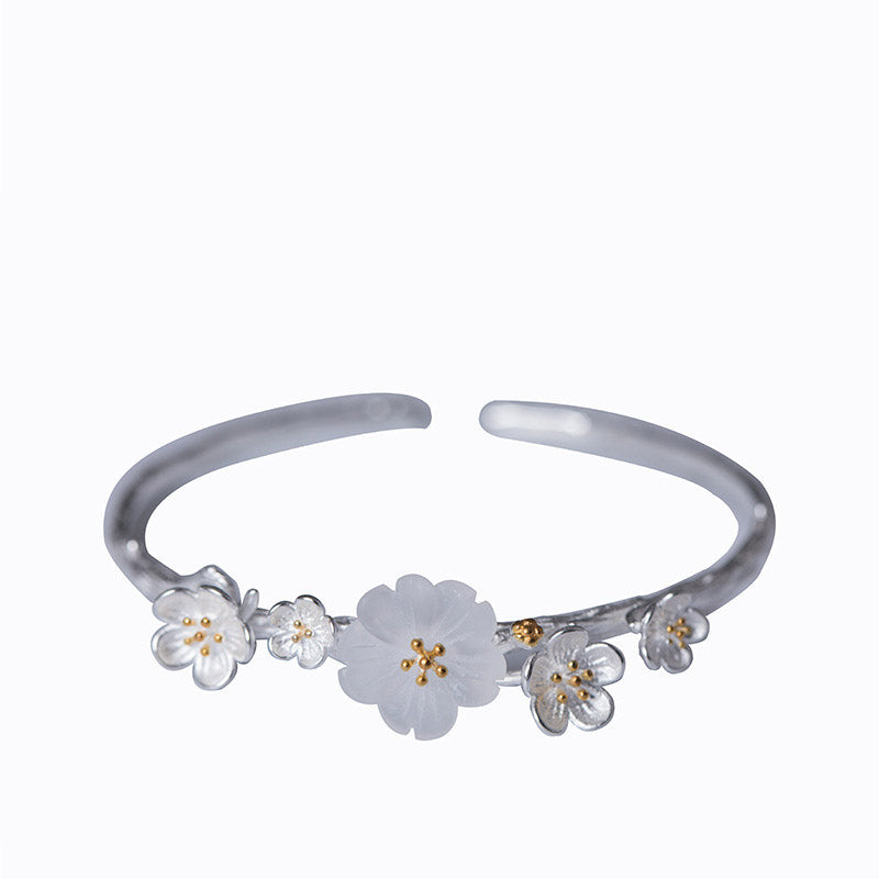 Buddha Stones 925 Sterling Silver Plum Flower Blessing Bracelet Adjustable Bangle Bracelet BS 6