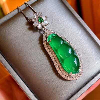 Buddha Stones Fortune Bean Cyan Jade Luck Necklace Pendant Necklaces & Pendants BS Cyan Jade(Success♥Healing)