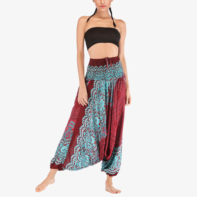 Buddha Stones Two Style Wear Round Geometric Pattern Loose Smocked Harem Trousers Jumpsuit High Waist Women's Yoga Pants Harem Pants&Bodysuit BS 3