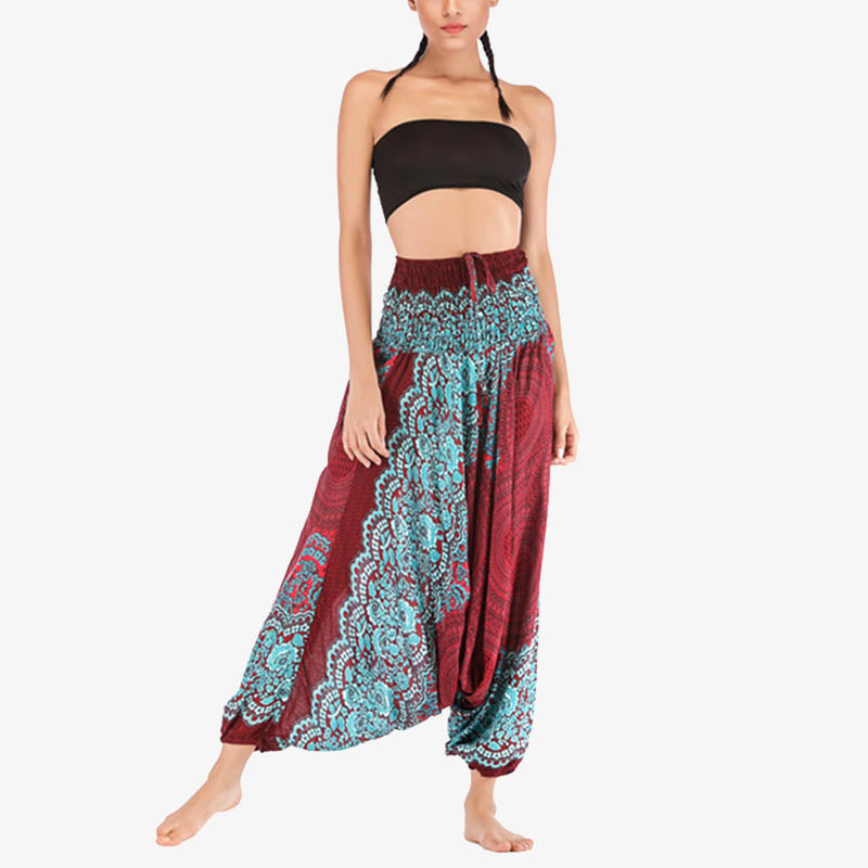 Buddha Stones Two Style Wear Round Geometric Pattern Loose Smocked Harem Trousers Jumpsuit High Waist Women's Yoga Pants Harem Pants&Bodysuit BS 3