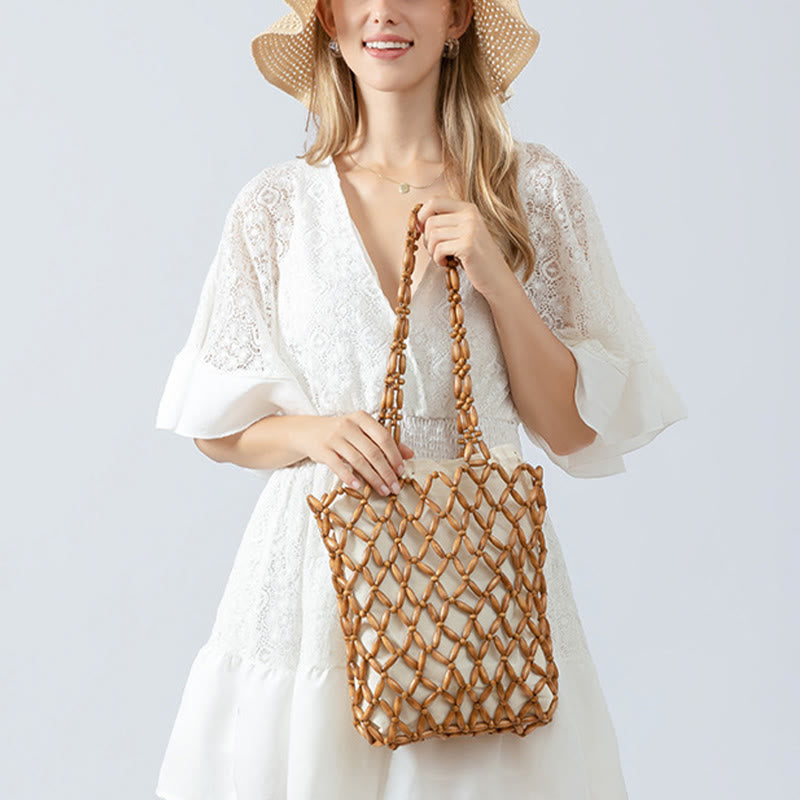 Buddha Stones Hand-woven Wooden Beads Shoulder Bag Handbag Shoulder Bag BS 10