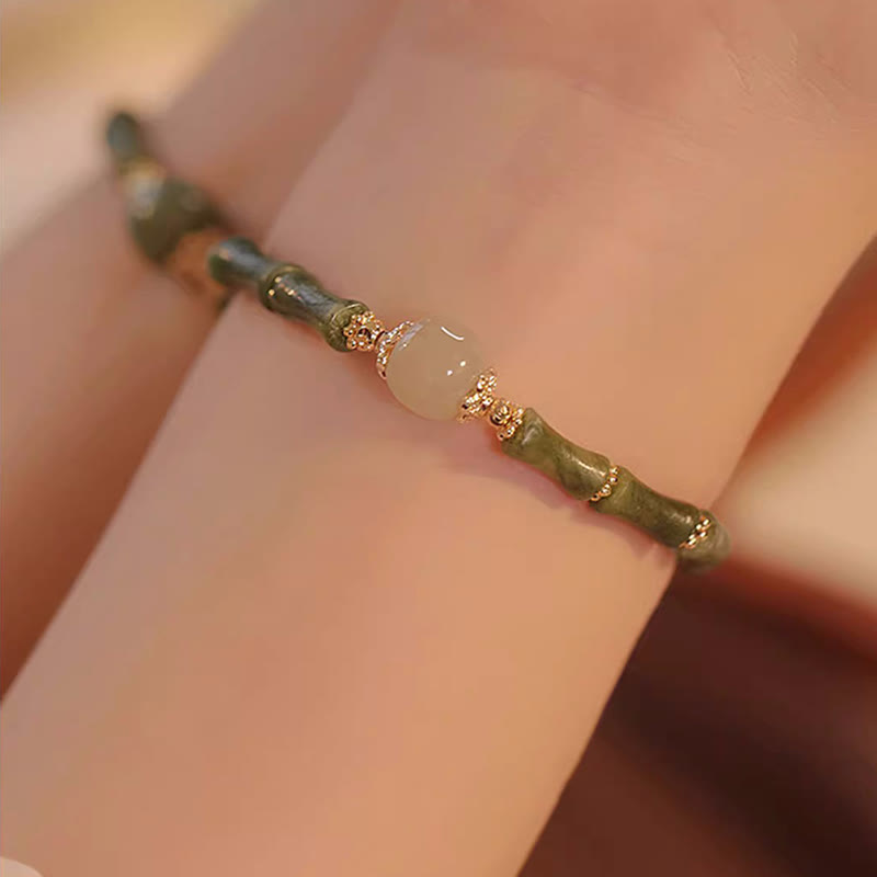 Buddha Stones 14K Copper Plated Peridot Hetian Jade Bamboo Pattern Luck Bracelet Bracelet BS White Hetian Jade Bead Peridot Bamboo(Wrist Circumference 14-15cm)