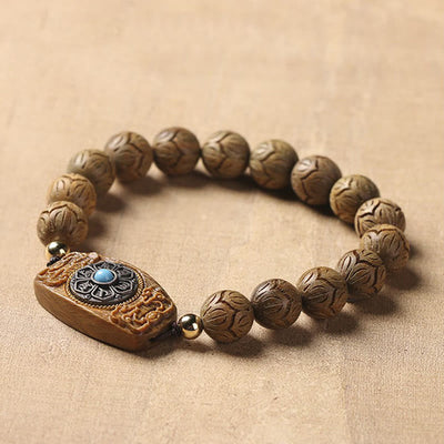 Buddha Stones Green Sandalwood Ebony Wood Sandalwood Om Mani Padme Hum Soothing Bracelet Bracelet BS 4