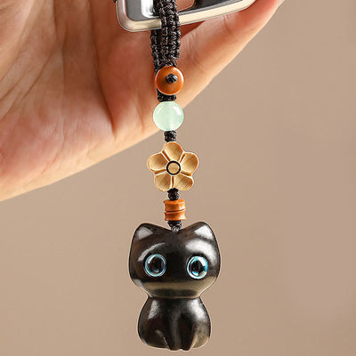 Foviel Mini Small Leaf Red Sandalwood Ebony Wood Lucky Cat Lovely Kitty Peace Key Chain Phone Hanging Decoration
