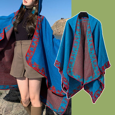 Buddha Stones Tibetan Shawl Border Small Floral Flower Hooded Cloak Winter Cozy Travel Scarf Wrap Tibetan Shawl BS 18