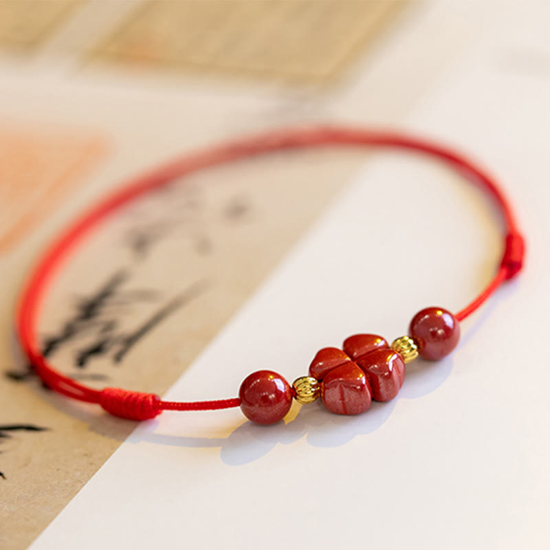 Buddha Stones Four Leaf Clover Cinnabar Blessing Calm String Bracelet Anklet Bracelet BS 14