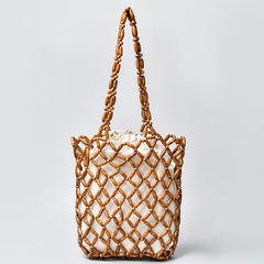 Buddha Stones Hand-woven Wooden Beads Shoulder Bag Handbag Shoulder Bag BS Brown 25*6*30cm