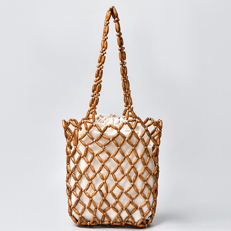 Buddha Stones Hand-woven Wooden Beads Shoulder Bag Handbag Shoulder Bag BS Brown 25*6*30cm