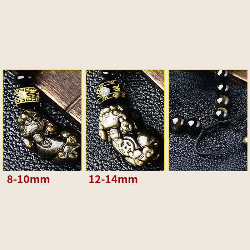 Buddha Stones Natural Gold Sheen Obsidian PiXiu Om Mani Padme Hum Wealth Braided Bracelet Bracelet BS 13