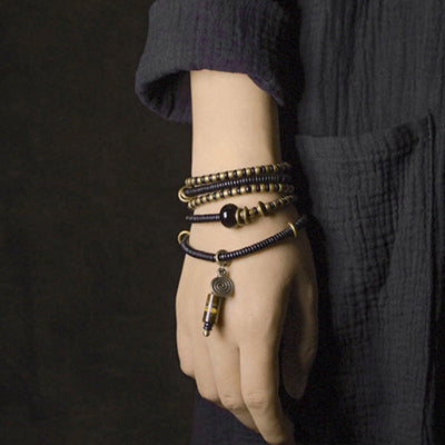 Buddha Stones Ebony Wood Dzi Bead Copper Peace Couple Bracelet Necklace Pendant Bracelet Necklaces & Pendants BS 3
