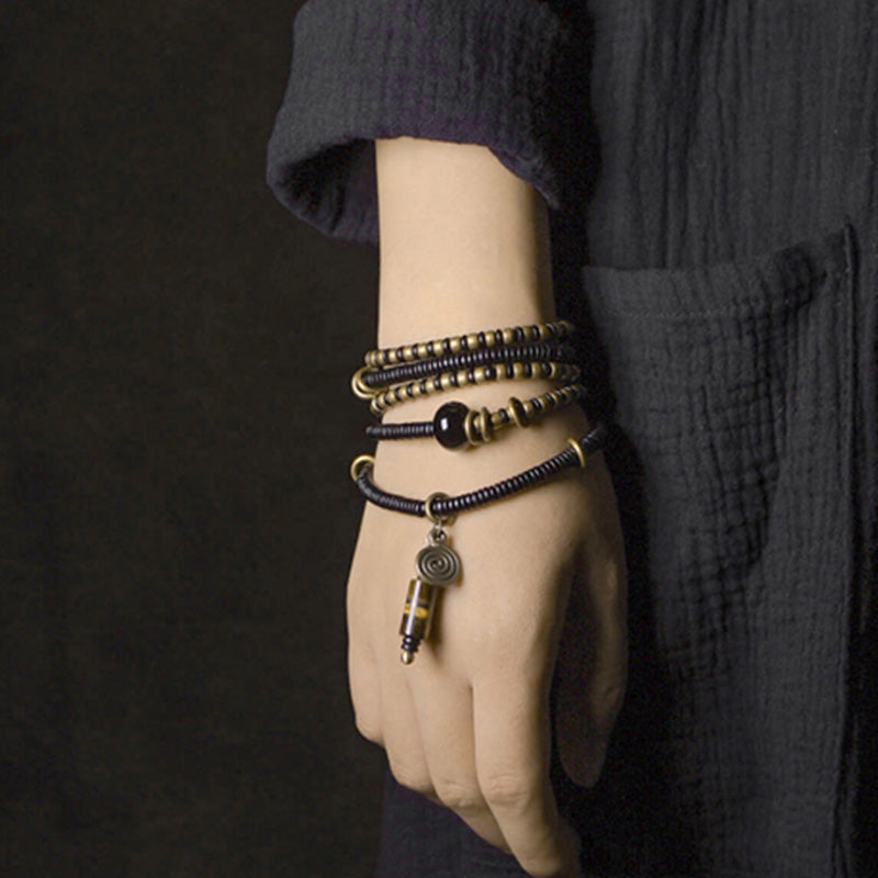 Buddha Stones Ebony Wood Dzi Bead Copper Peace Couple Bracelet Necklace Pendant Bracelet Necklaces & Pendants BS 3
