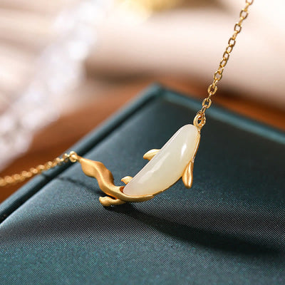 Buddha Stones 925 Sterling Silver White Jade Dolphin Luck Necklace Pendant Necklaces & Pendants BS 4
