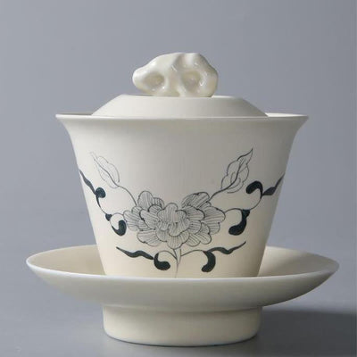 Buddha Stones Hand Painted Pomegranate Hibiscus Pine Lotus Ceramic Gaiwan Sancai Teacup Kung Fu Tea Cup And Saucer With Lid Cup BS 9*10cm*170ml Hibiscus