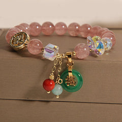 Buddha Stones Strawberry Quartz Jade Fu Character Charm Healing Bracelet Bracelet BS Strawberry Quartz(Wrist Circumference 14-16cm)