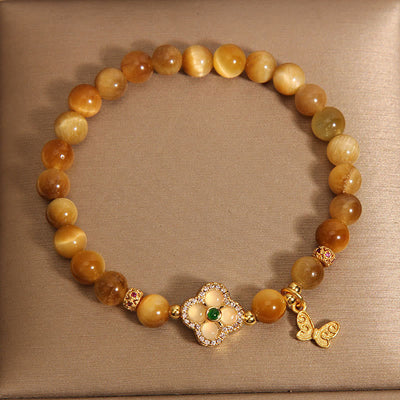 Buddha Stones Tiger Eye Four Leaf Clover Butterfly Protection Bracelet Bracelet BS 8