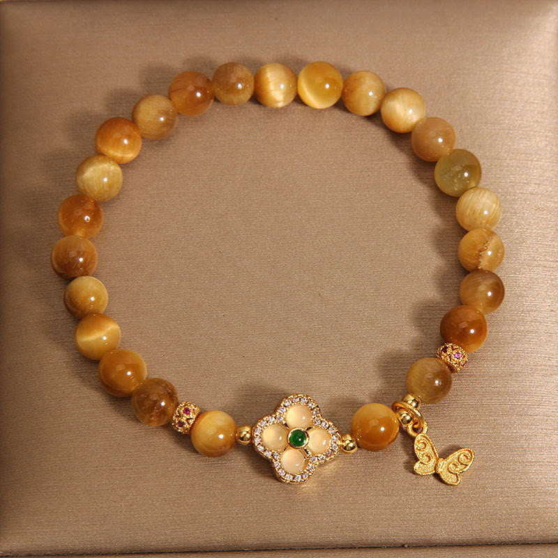 Buddha Stones Tiger Eye Four Leaf Clover Butterfly Protection Bracelet Bracelet BS 8